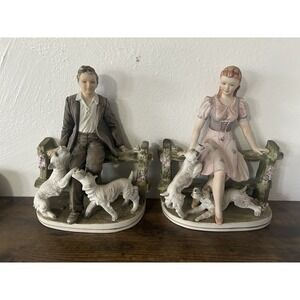 RARE Pair Of Large Man & Woman Ucagco Figurines‎ Fence & Dogs Capodimonte